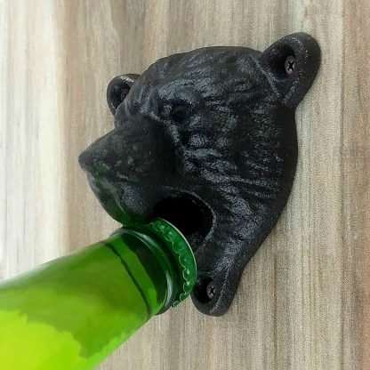 Stationary Wall Mounted Heavy Duty Cast Iron Black Bear Bottle Opener