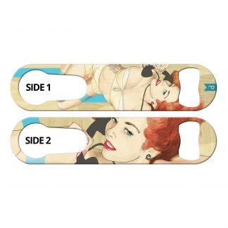 Hanging On Pin-up Girl 2-in-1 Multi Purpose Bottle Opener by Professional Artist Keith P. Rein