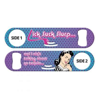 Lick Suck Slurp Purple Strainer Bottle Opener